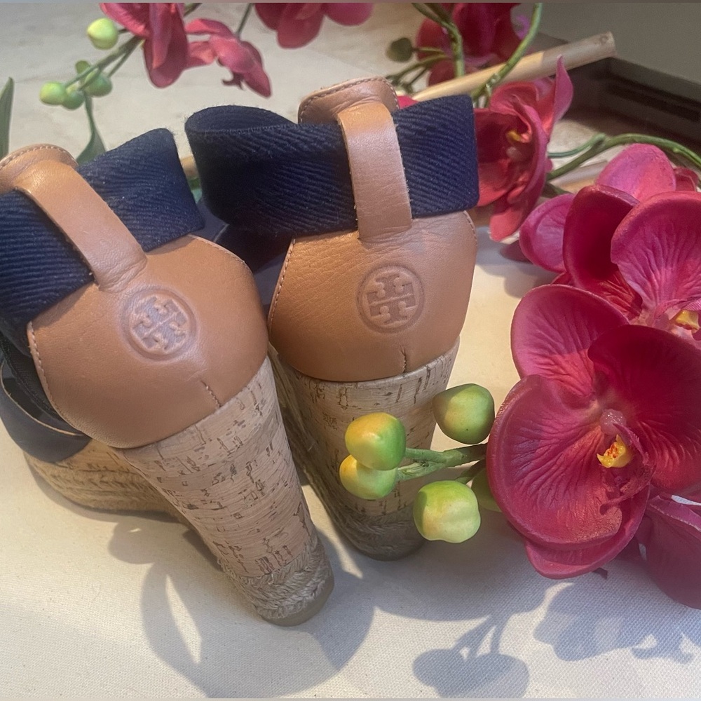 Tory Burch Tan and Navy Wedges